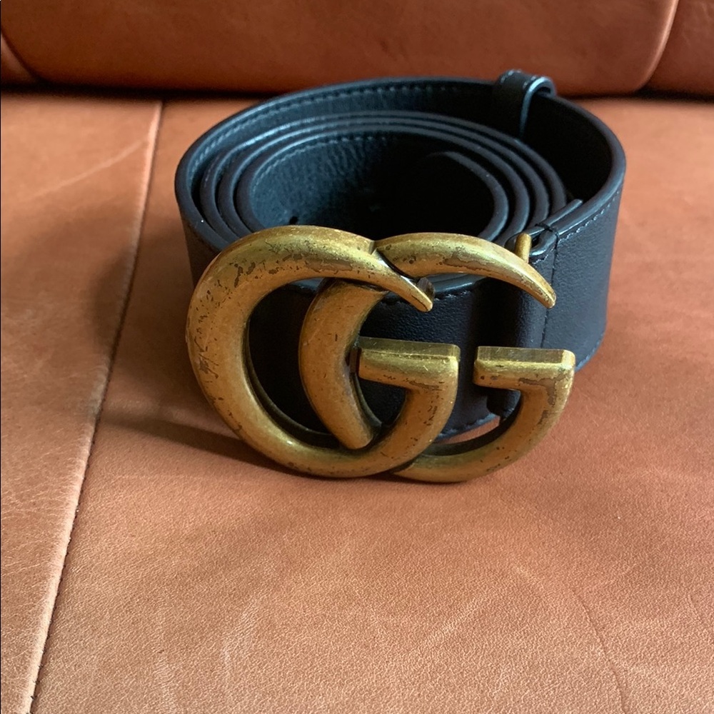 Black GUCCI Leather Belt with Gold Buckle